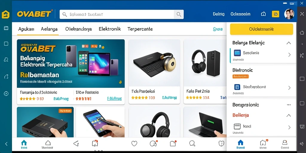 Tampilan antarmuka aplikasi OVABET untuk belanja elektronik.