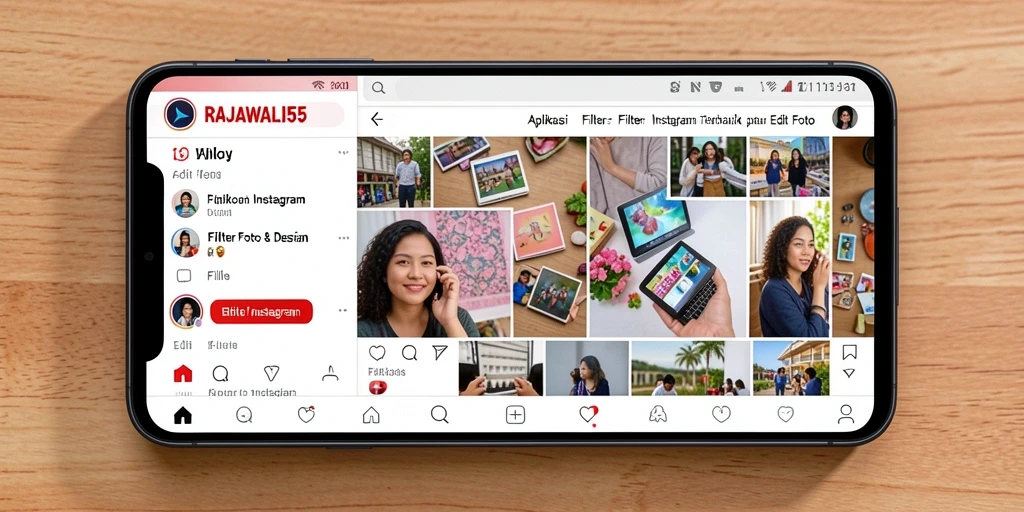 Tampilan menarik aplikasi RAJAWALI55 dengan pilihan filter kreatif.
