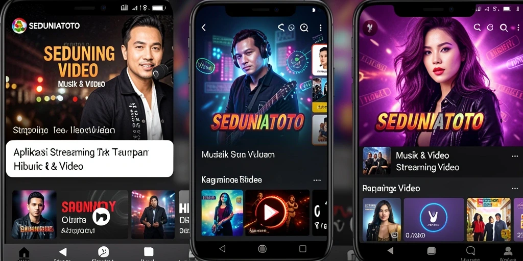 Antarmuka SEDUNIATOTO menampilkan berbagai genre musik dan video streaming.