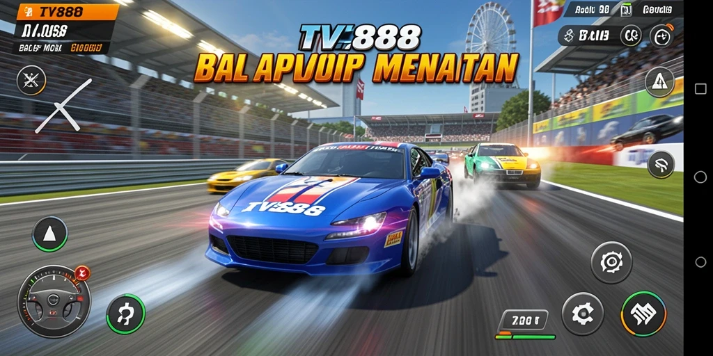 Screenshot utama TV888 memperlihatkan aksi balapan mobil yang seru dan intens.